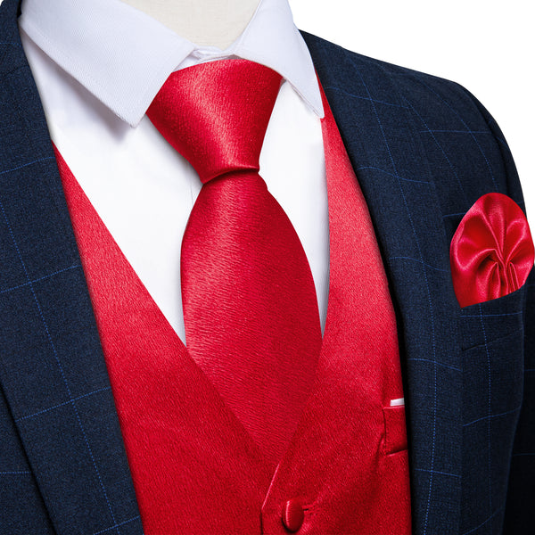 New Red Solid Shining Silk Formal Men's Vest Hanky Cufflinks Tie Set