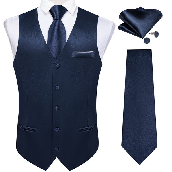 Navy Blue Solid Shining Silk Men Vest Necktie Bow Tie Handkerchief Cufflinks Set