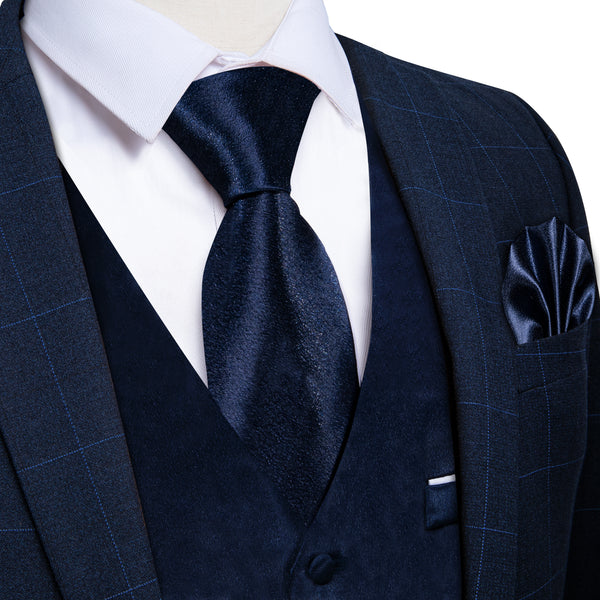Navy Blue Solid Shining Silk Formal Men's Vest Hanky Cufflinks Tie Set