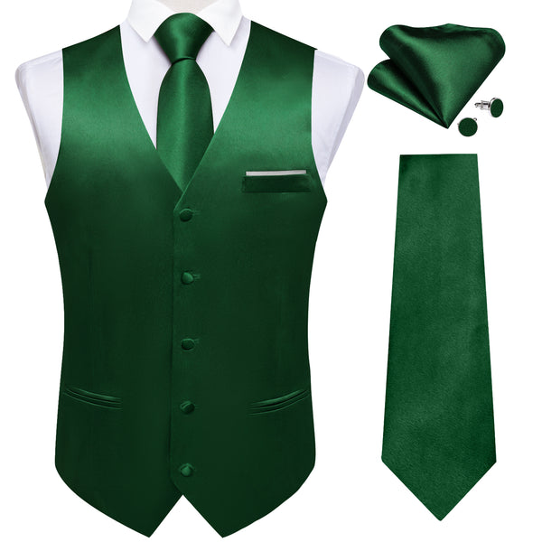 Dark Green Solid Shining Silk Men Vest Necktie Bow Tie Handkerchief Cufflinks Set
