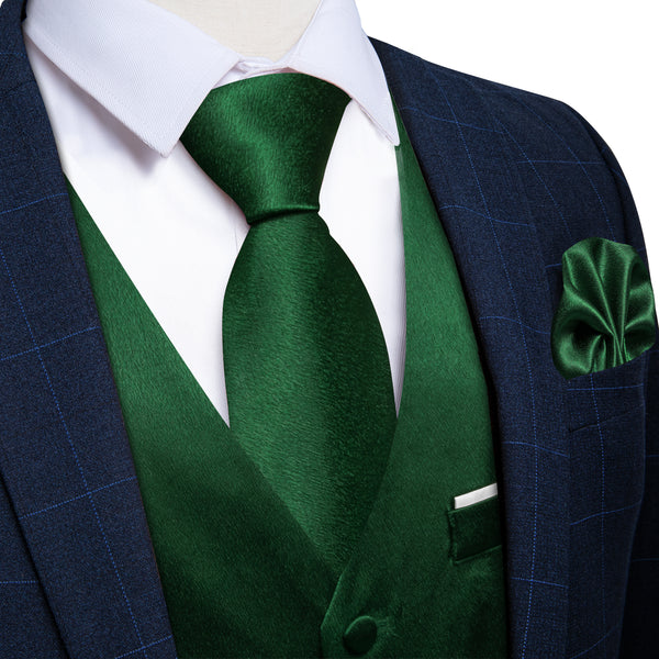Dark Green Solid Shining Silk Formal Men's Vest Hanky Cufflinks Tie Set