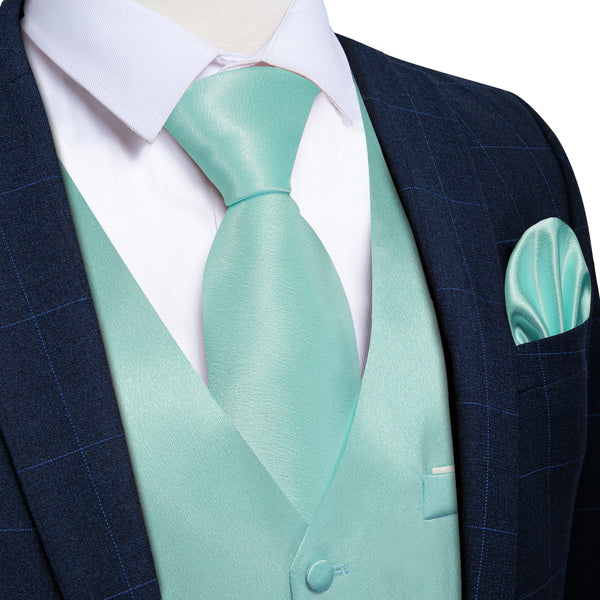 Ties2you Green Vest Solid Mint Green Shining Silk Formal Men's V-Neck Vest Hanky Cufflinks Tie Set
