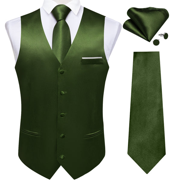 Olive Green Solid Shining Silk Men Vest Necktie Bow Tie Handkerchief Cufflinks Set