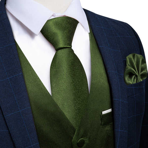 Olive Green Solid Shining Silk Formal Men's Vest Hanky Cufflinks Tie Set