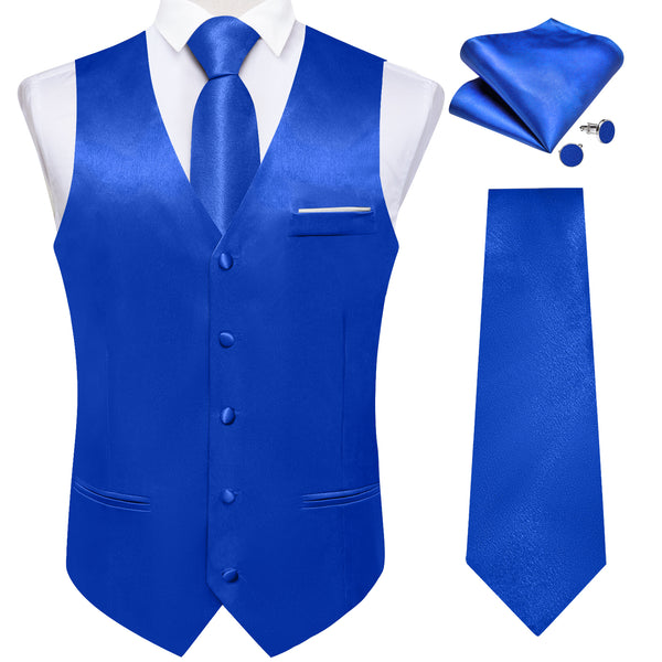Royal Blue Solid Shining Silk Men Vest Necktie Bow Tie Handkerchief Cufflinks Set