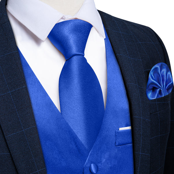 Royal Blue Solid Shining Silk Formal Men's Vest Hanky Cufflinks Tie Set