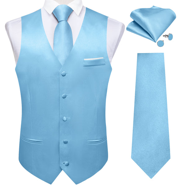 Ties2you Mens Vest Baby Blue Solid Shining Silk Vest Necktie Bow Tie Handkerchief Cufflinks Set