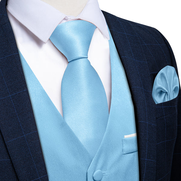 Baby Blue Solid Shining Silk Formal Men's Vest Hanky Cufflinks Tie Set