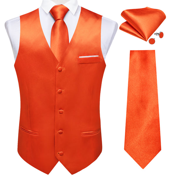 Brilliant Orange Solid Shining Silk Men Vest Necktie Bow Tie Handkerchief Cufflinks Set