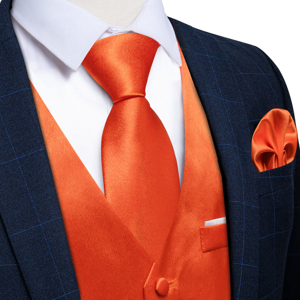 Vibrant Orange Solid Shining Silk Formal Men's Vest Hanky Cufflinks Tie Set