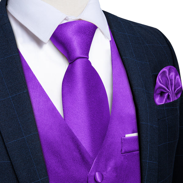 New Purple Solid Shining Silk Formal Men's Vest Hanky Cufflinks Tie Set