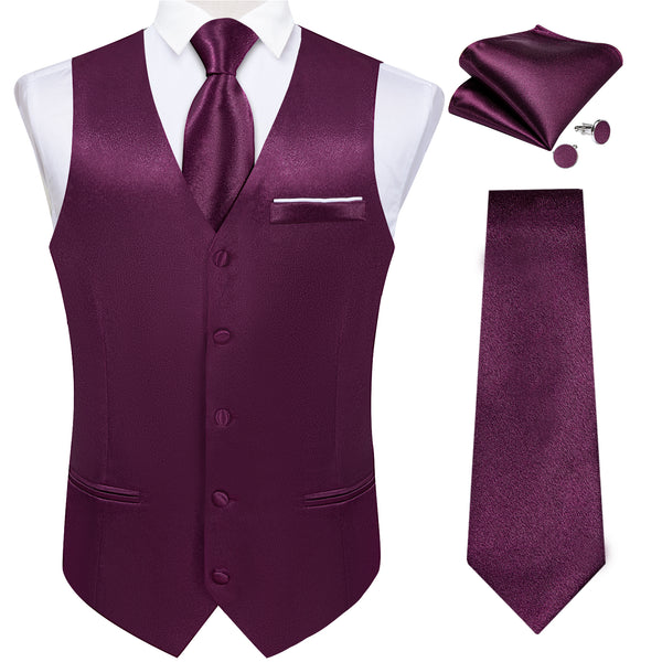 Deep Purple Solid Shining Silk Men Vest Necktie Bow Tie Handkerchief Cufflinks Set