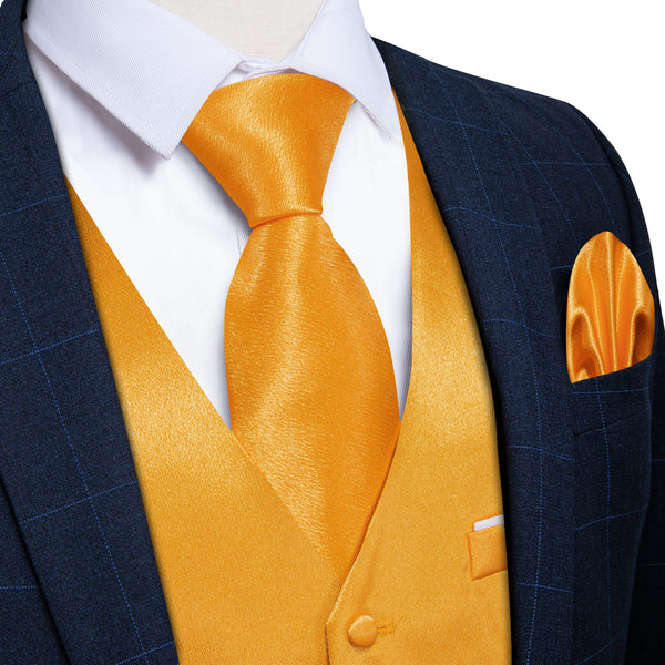 Deep Yellow Solid Shining Silk Formal Men's Vest Hanky Cufflinks Tie Set