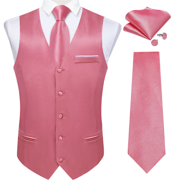 Pink Solid Shining Silk Men Vest Necktie Bow Tie Handkerchief Cufflinks Set