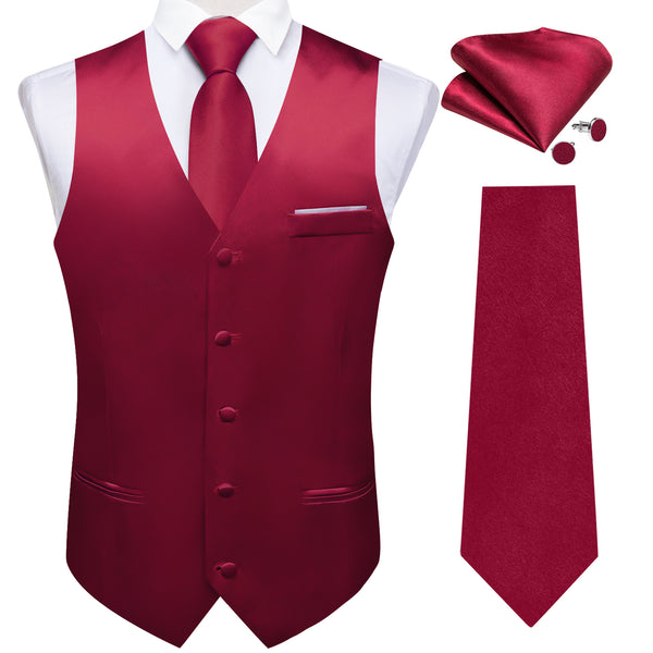 Wine Red Solid Shining Silk Men Vest Necktie Bow Tie Handkerchief Cufflinks Set