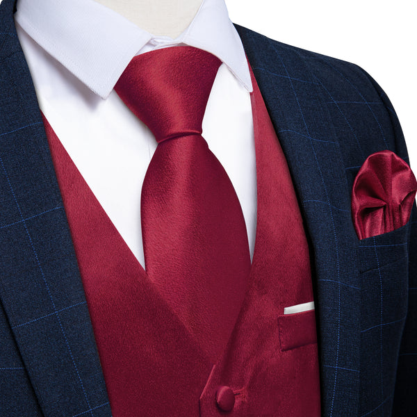 Wine Red Solid Shining Silk Formal Men's Vest Hanky Cufflinks Tie Set