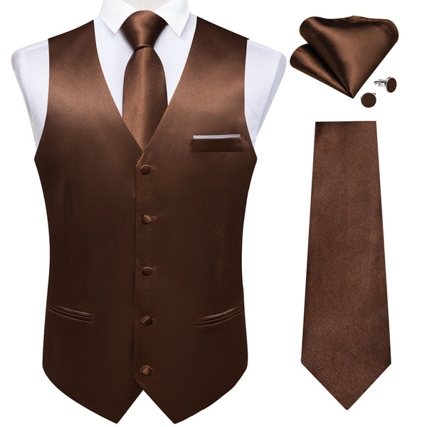 Classic Brown Solid Shining Silk Men Vest Necktie Bow Tie Handkerchief Cufflinks Set