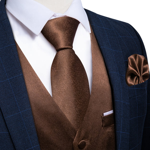 Brown Solid Shining Silk Formal Men's Vest Hanky Cufflinks Tie Set