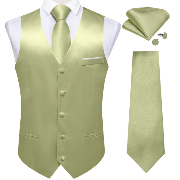 Avocado Green Solid Shining Silk Men Vest Necktie Bow Tie Handkerchief Cufflinks Set