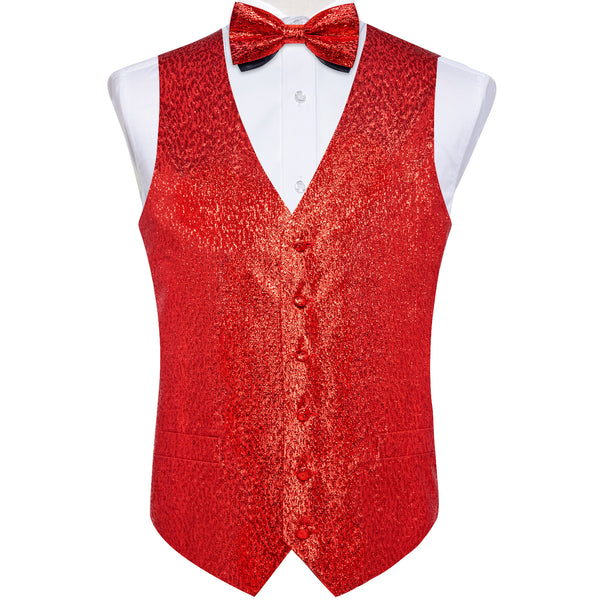Red Orange Shiny Print Vest Bowtie Hanky Cufflinks Set Waistcoat Suit Set