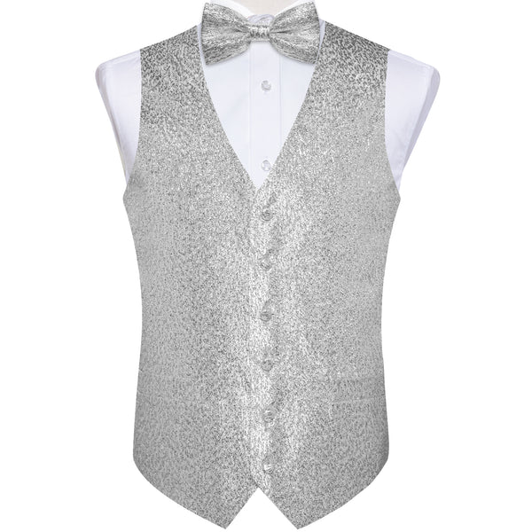 Sliver Shiny Print Vest Bowtie Hanky Cufflinks Set Waistcoat Suit Set