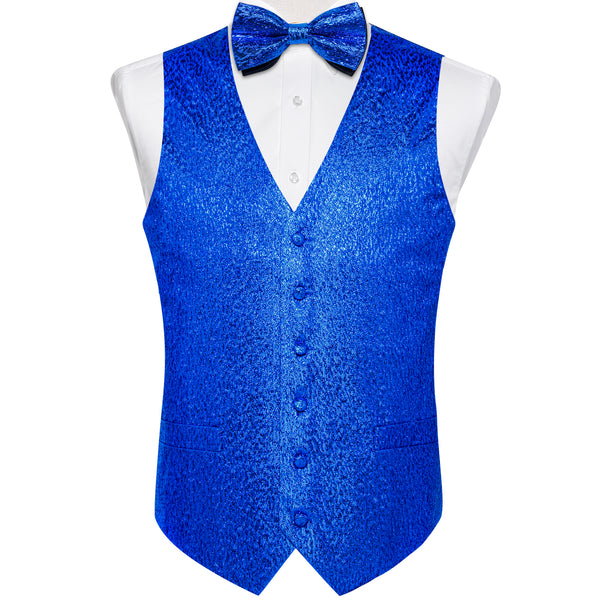 Blue Shiny Print Vest Bowtie Hanky Cufflinks Set Waistcoat Suit Set