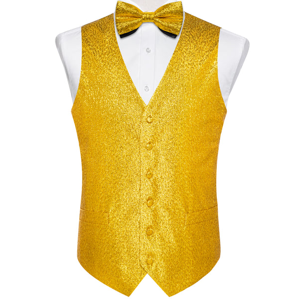 Yellow Shiny Print Vest Bowtie Hanky Cufflinks Set Waistcoat Suit Set