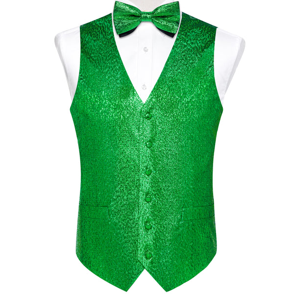 Green Shiny Print Vest Bowtie Hanky Cufflinks Set Waistcoat Suit Set
