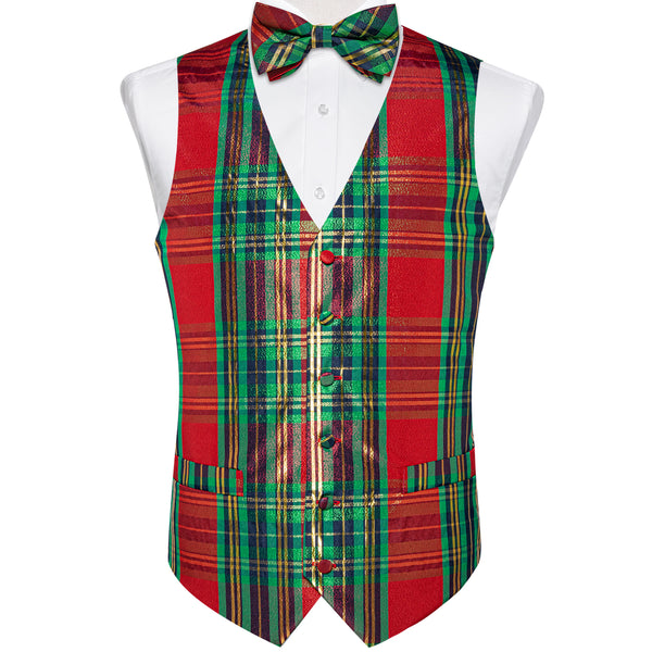 Christmas Green Red Plaid Vest Bowtie Hanky Cufflinks Set Waistcoat Suit Set