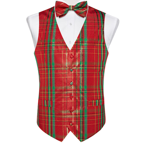 Christmas Red Green Plaid Vest Bowtie Hanky Cufflinks Set Waistcoat Suit Set