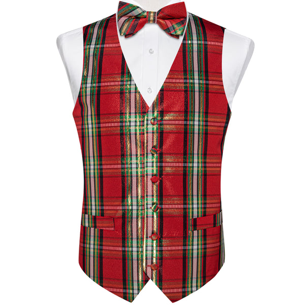 Christmas Scotland Red Green Plaid Vest Bowtie Hanky Cufflinks Set Waistcoat Suit Set