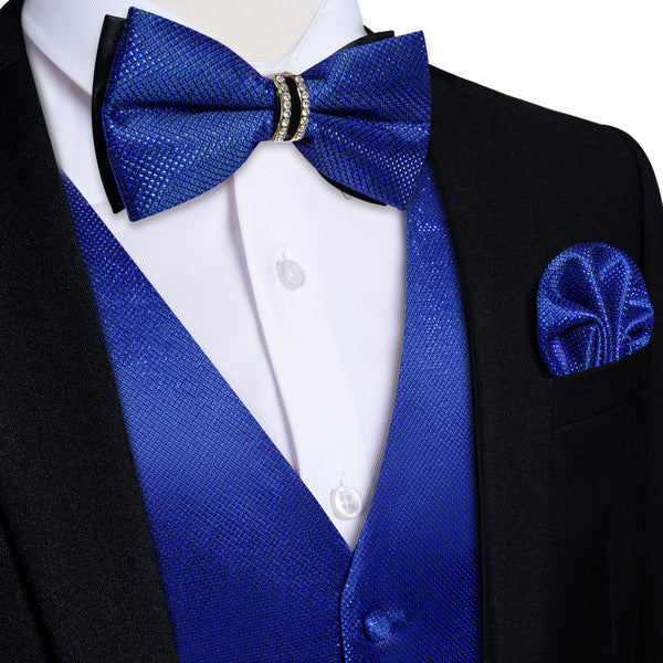 New Dark Blue Solid Shiny Men's Vest Bowtie Hanky Cufflinks Set Waistcoat Suit Set