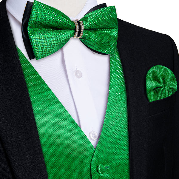Classic Green Solid Shiny Men's Vest Bowtie Hanky Cufflinks Set Waistcoat Suit Set