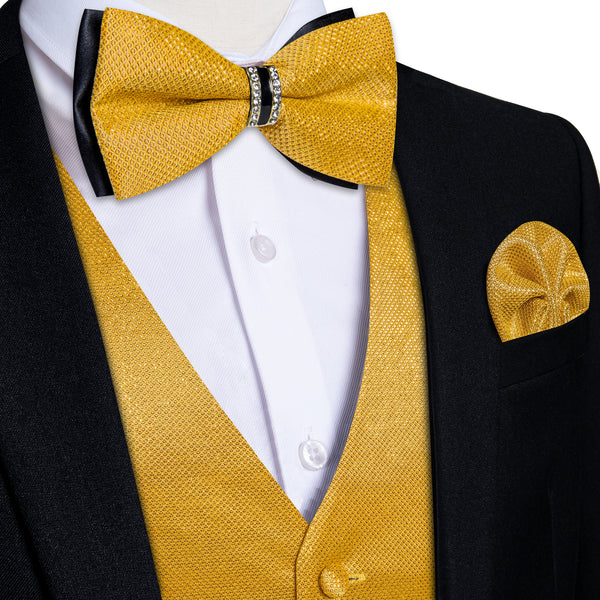 Goldenrod Yellow Solid Shiny Men's Vest Bowtie Hanky Cufflinks Set Waistcoat Suit Set