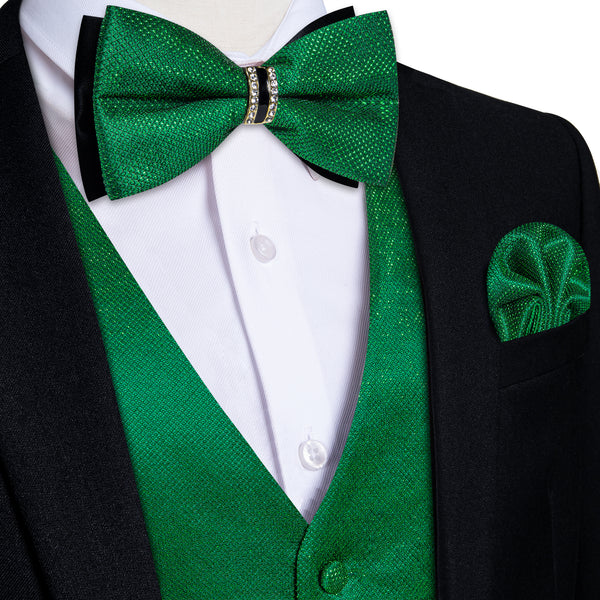 New Deep Green Solid Shiny Men's Vest Bowtie Hanky Cufflinks Set Waistcoat Suit Set