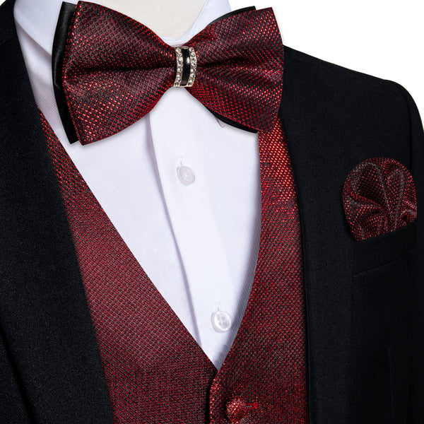 fashion deep red solid prom black suit red vest bow tie set