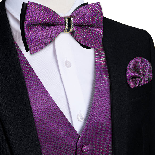 New Amethyst Purple Solid Shiny Men's Vest Bowtie Hanky Cufflinks Set Waistcoat Suit Set