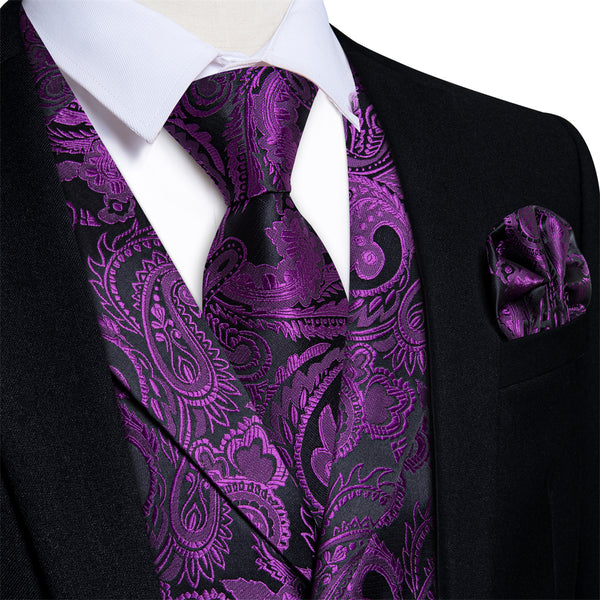 Ties2you Black Purple Paisley Jacquard Men's Collar Victorian Vest Tie Set