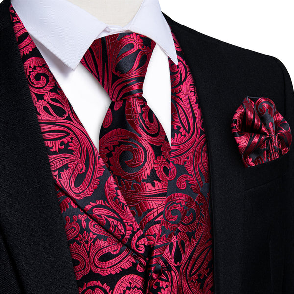 Ties2you Black Burgundy Paisley Jacquard Men's Collar Vest Tie Set