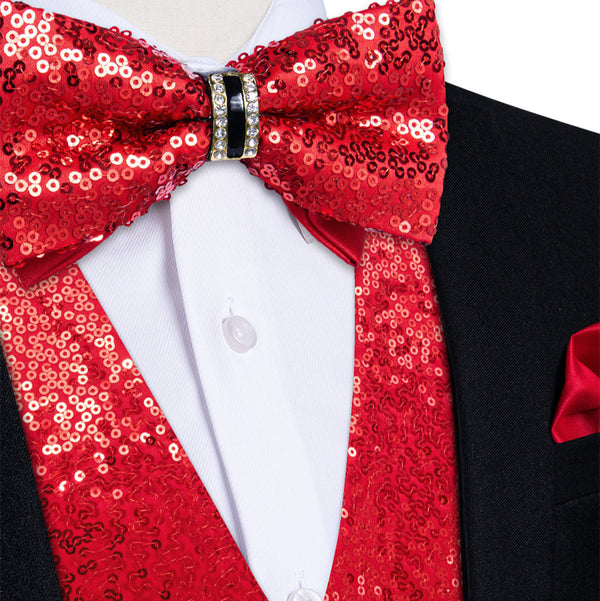 Ties2you Red Sequins Silk Men's Vest Hanky Cufflinks Bowtie Set