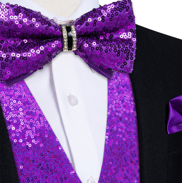 Ties2you Purple Sequins Silk Men's Vest Hanky Cufflinks Bowtie Set