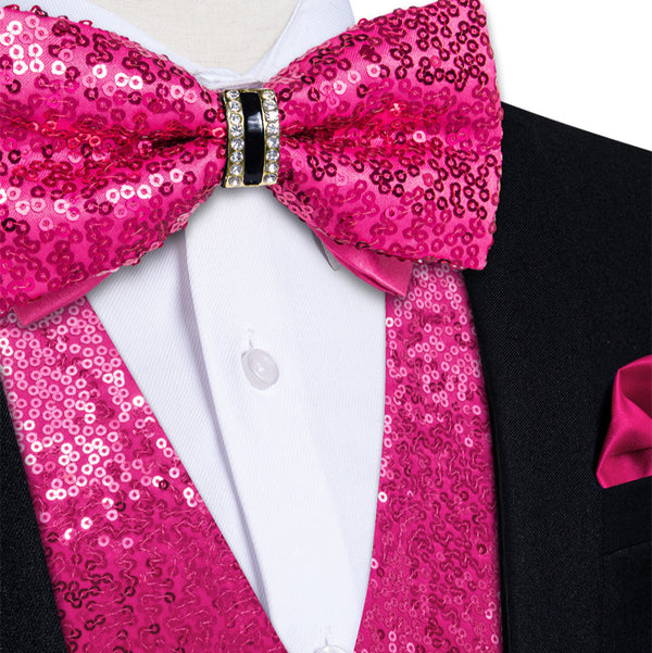 Ties2you Deep Pink Sequins Silk Men's Vest Hanky Cufflinks Bowtie Set