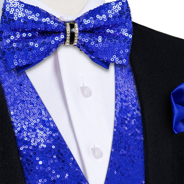 Ties2you Sapphire Blue Sequins Silk Men's Vest Hanky Cufflinks Bowtie Set