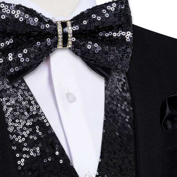 Ties2you Black Sequins Silk Men's Vest Hanky Cufflinks Bowtie Set