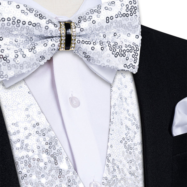 Ties2you White Sequins Silk Men's Vest Hanky Cufflinks Bowie Set