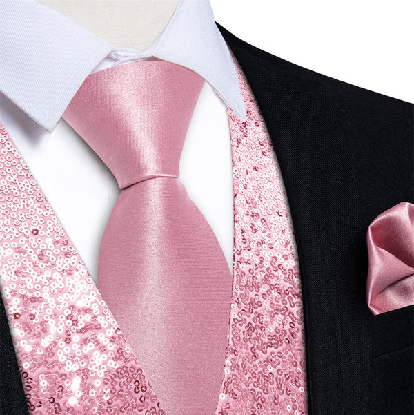 Ties2you Pink Sequins Silk Men's Vest Hanky Cufflinks Tie Set