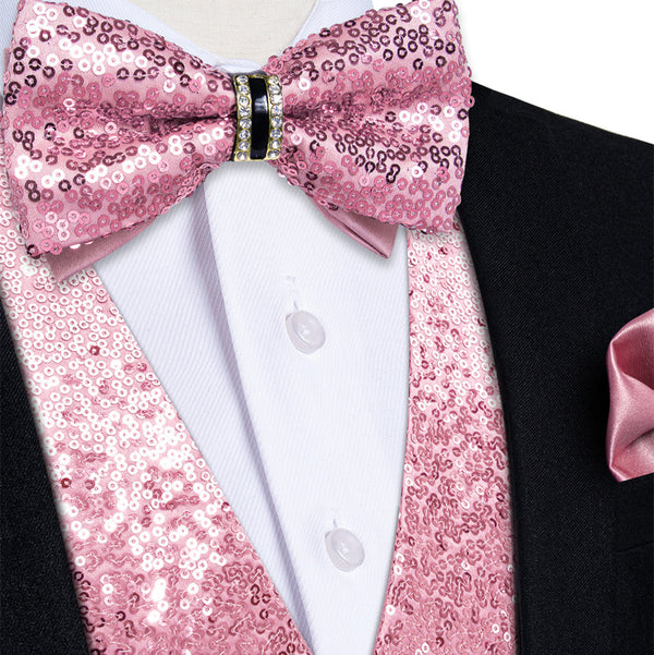 Ties2you Pink Sequins Silk Men's Vest Hanky Cufflinks Bowtie Set