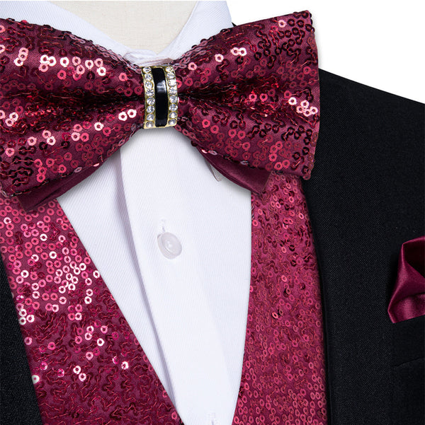 Ties2you Burgundy Sequins Silk Men's Vest Hanky Cufflinks Bowtie Set