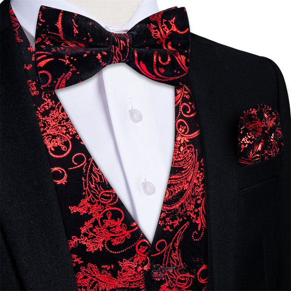 Tie2you Velvet Vest Black Red Paisley V-Neck Mens Vest Bowtie Set