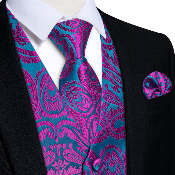Ties2you Teal Purple Paisley V-Neck Silk Mens Vest Necktie Hanky Cufflinks Set